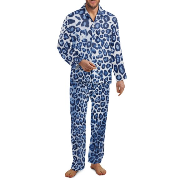 SCRAWLGOD Blue Leopard Print Casual Pajamas Set Mens Pajamas Long Sleeve Notch Collar Loungewear Two-Piece Comfy Sleepwear Button-Down Pj Set with Elastic Band & Pockets, XS
