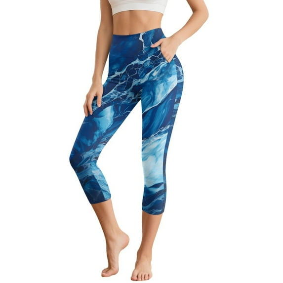 SCRAWLGOD Blue Marble Print Capri Leggings for Women with Pockets - 4 Way Stretch Yoga Pants Lightweight Casual Yoga Pants with Tummy Control for Workout Running Gym, XL