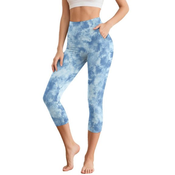 SCRAWLGOD Blue Tie-Dye Capri Yoga Leggings for Women, Comfy Athletic 3/4 Yoga Pants Leggings with Pockets, High Waisted Buttery Soft Women's Leggings for Workout, 3XL