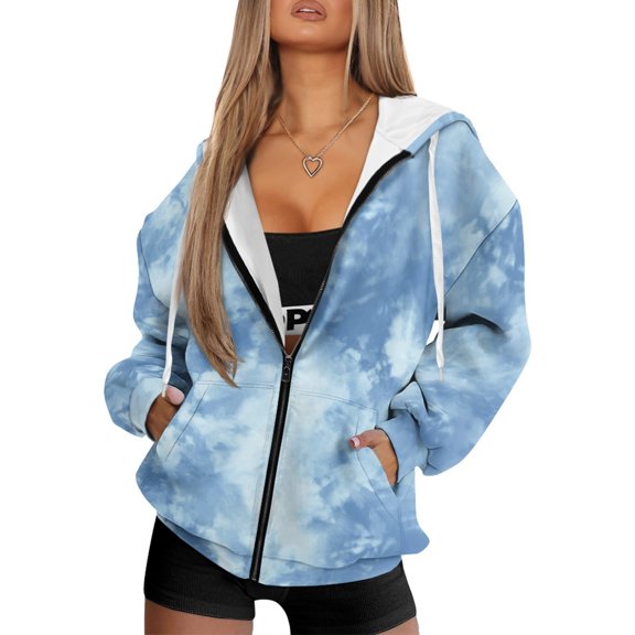 SCRAWLGOD Blue Tie-Dye Sporty Full-Zip Hoodies for Women Oversized Comfy Elastic Tops Drawstring Fashion Cardigan for Weekend Getaways, Casual Wear, Exercising, M