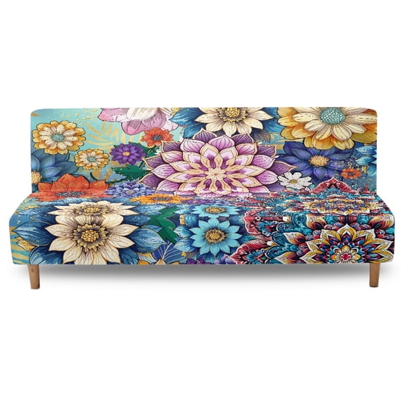 SCRAWLGOD Bohemian Flower Blue Violet Armless Futon Covers Stretch Sofa Bed Slipcover with Non-Slip Elastic Bottom, Thick Futon Mattress Cover Soft Washable Protector