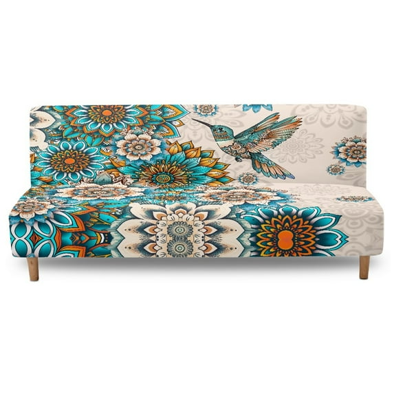 SCRAWLGOD Bohemian Flower Hummingbird Blue Beige Futon Cover Armless Sofa Covers Sofa Bed Covers Stretch Futon Couch Cover Sofa Slipcover Thick Stay in Place Furniture Protector