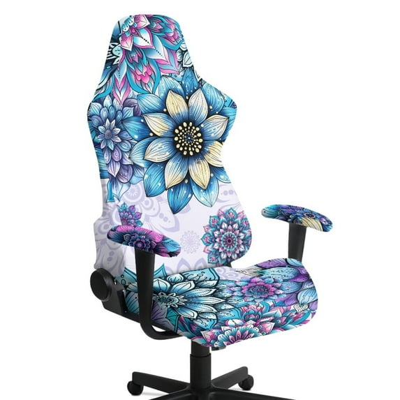 SCRAWLGOD Bohemian Flower Print Blue Violet Gaming Chair Cover with Armrest Cover, Anti-Dust High Back Computer Chair Slipcover 4 PCS Breathable Rotating Chair Seat Protectors with Elastic Bottom