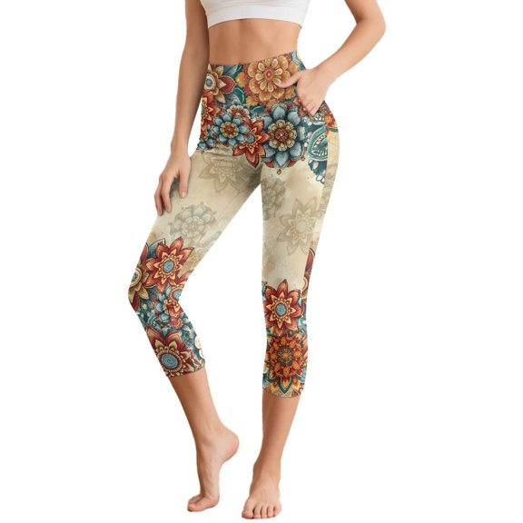 SCRAWLGOD Bohemian Flower Red Beige Women's High Waisted Capri with Pockets Buttery Tummy Control Yoga Leggings Elastic No See Through Workout Athletic Running Yoga Cycling, S