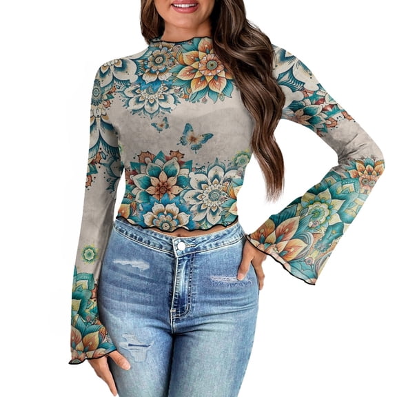 SCRAWLGOD Boho Mandala Butterfly Women Bell Sleeve Tops Size S Casual Bell Sleeve Lettuce Trim Tops Lightweight Mock Neck Blouse Cropped Long Sleeve Slim Tops