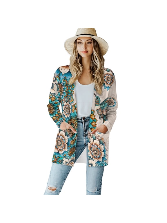Boho Mandala Fall Cardigan Sweaters for Women Lightweight Jacket No Hood Long Sleeve Hummingbird Cardigans for Women Work Size L Comfy Women Clothes Trendy