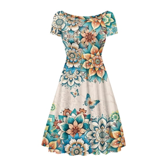 SCRAWLGOD Boho Mandala Flower Womens Dress Plus Size XS Butterfly Summer Dresses with Sleeves Midi Length Soft Swing Dress for Women Knee Length Wide Neck High Waist Dress for Vacations