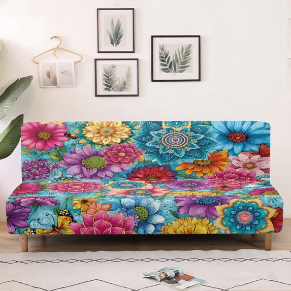SCRAWLGOD Boho Mandala Flowers Pattern Armless Sofa Cover Washable Stretch 3 Seater Couch Cover Skin Friendly Furniture Protector Leakproof Couch Slipcover Anti Slip for Living Room