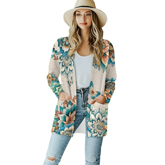 SCRAWLGOD Boho Mandala Lounge Cardigans for Women Lightweight Jacket Dressy Tops for Women Biking Size L Long Sleeve Ladies Cardigan Sweatshirts with No Hood
