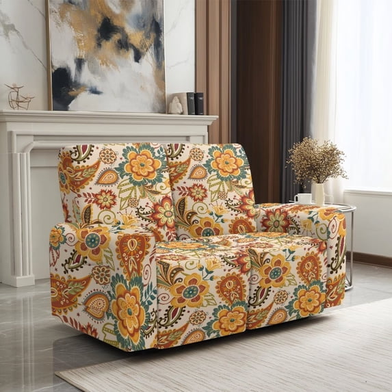 SCRAWLGOD Boho Paisley Floral Print Recliner Loveseat Cover for Dogs Stretch Non Slip Furniture Protector Anti Scratch Recliner Cover with Pocket