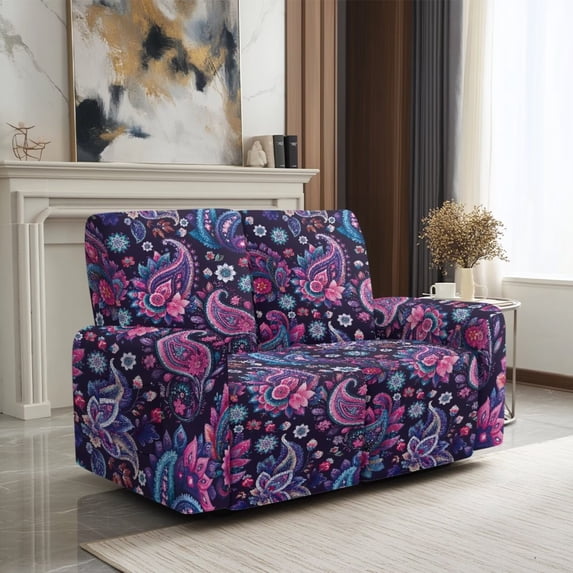 SCRAWLGOD Boho Paisley Flower Print Recliner Loveseat Slipcovers Non Slip 6 Piece Recliner Cover Stretch Anti Scratch Reclining Cover