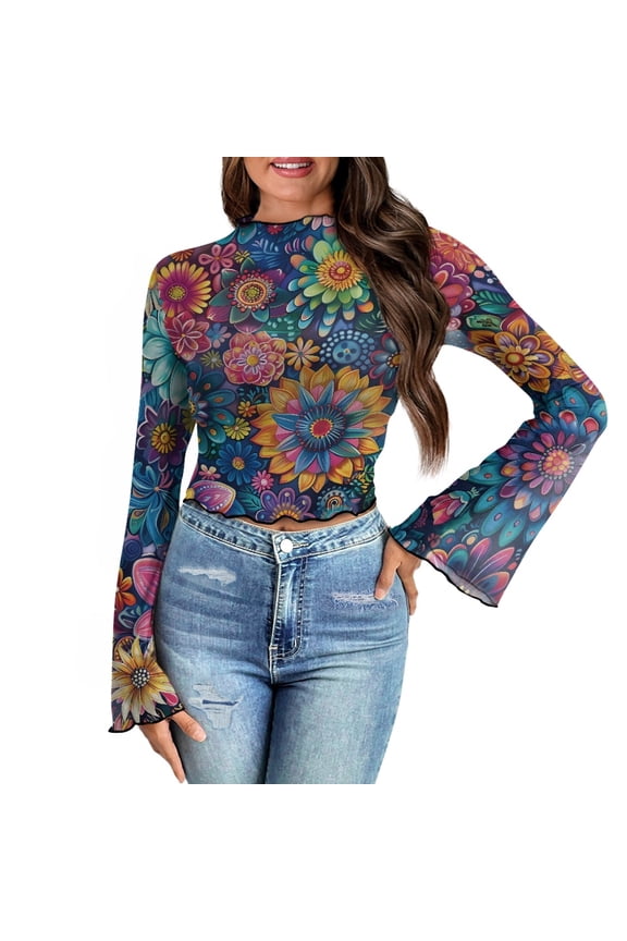 Boho Women Bell Sleeve Tops Size M Mandala Flower Long Sleeve Lettuce Trim Shirts 70s Sheer Mesh Mock Neck Shirt Suitable for Going Out Travel Summer Blouse