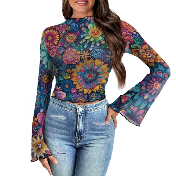 SCRAWLGOD Boho Women Bell Sleeve Tops Size S Mandala Flower Long Sleeve Lettuce Trim Shirts 70s Sheer Mesh Mock Neck Shirt Suitable for Going Out Travel Summer Blouse