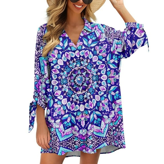 SCRAWLGOD Boho Women's Seven Quarter Sleeve Cardigan Shirt Mandala Flower Women Cardigan Shirt 3/4 Sleeve Size S Aesthetic Shirts Tops for Women Going Out Tops