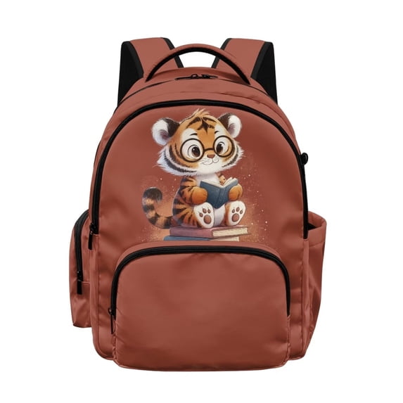 SCRAWLGOD Book Tiger Pattern Brown Casual 17 Inches Laptop Backpack, Portable Daypack for Travel Work Commute School, Practical Spacious Organized Classic Design