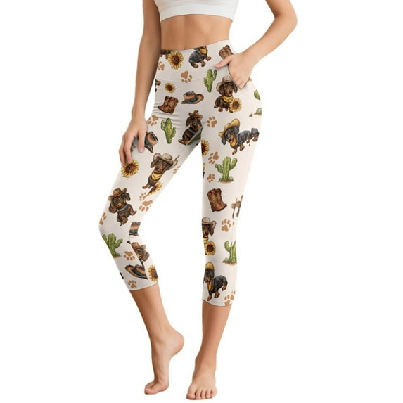 SCRAWLGOD Breathable Capri Yoga Leggings with Pockets for Women High Waisted 3/4 Yoga Pants Stretchable Cropped Tights for Summer Workout Athletic, Dachshund Cactus Paw Sunflower, XL