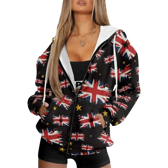 SCRAWLGOD Britain Flag Stars Black Loose Fit Women’s Zip Up Hoodies Comfy Washable Clothing Elastic Easy to Wear Jacket with Relaxed Shoulder Design Fall Casual Outfits, L