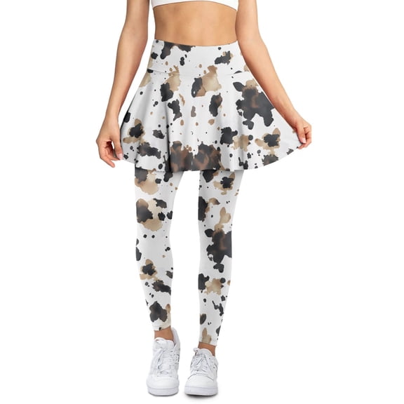 SCRAWLGOD Brown Beige Cow Print Splash Women's Athletic Leggings with Skirt Non See-Through Stretchy Yoga Golf Skorts Leggings Machine Washable Gym Running Tights Casual Outfits, 3XL