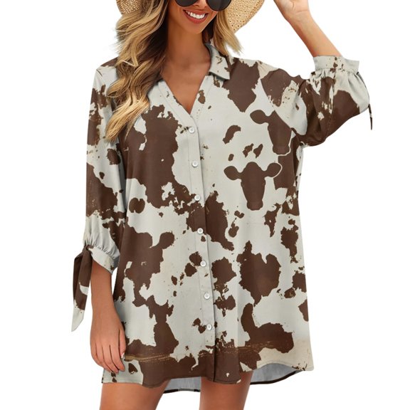 SCRAWLGOD Brown Cow Print 3/4 Sleeve Cardigan Shirt for Women Size XL Summer Cardigan Shirt Cardigan Loose Cover Up V Neck Workout Shirts for Women Lightweight
