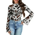 thumbnail image 1 of SCRAWLGOD Brown Cow Print Women Bell Sleeve Tops Size L Long Sleeve Mock Neck Crop Tops Flared Sleeve Tops for Women Casual Slim Shirts for Going Out Travel, 1 of 7