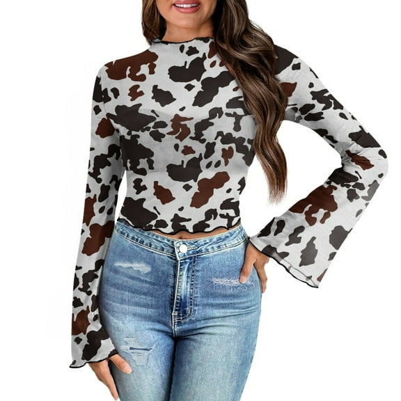 SCRAWLGOD Brown Cow Print Women Bell Sleeve Tops Size M Long Sleeve Mock Neck Crop Tops Flared Sleeve Tops for Women Casual Slim Shirts for Going Out Travel