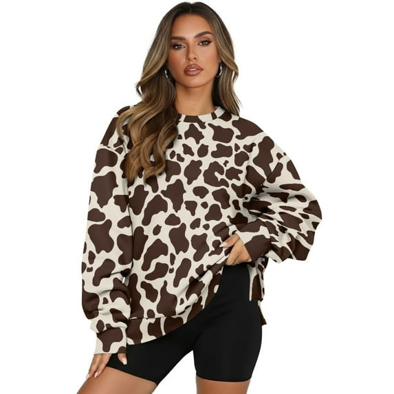 SCRAWLGOD Brown Cow Print Women Sweatshirt Long Sleeve Crew Neck Sweatshirts for Women Trendy Comfy Casual Clothes Oversized Pullover Tops with Pockets, L