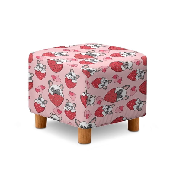 SCRAWLGOD Bulldog Strawberry Heart Print Pink Square Ottoman Cover, Folding Storage Stool Slipcover Washable Furniture Protector with Elastic Bottom