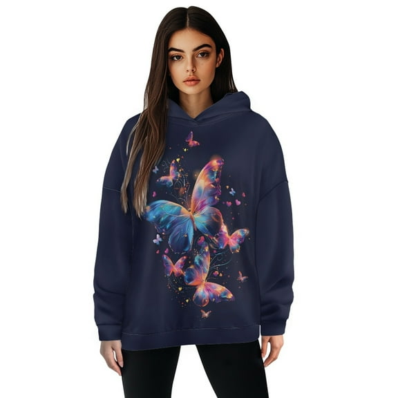 SCRAWLGOD Butterflies Hoodie for Women Plus Size L with Long Sleeves Activewear Hoodies for Women Crew Neck Ladies Pullover Hoodies Casual Womens Graphic Hoodies