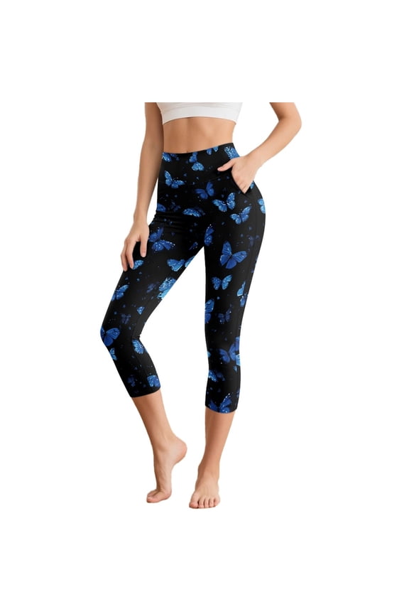 Butterfly Blue Black Capri Leggings for Women Slim Cozy High Waisted Crop Leggings with Pockets for Women Lightweight Elastic Tummy Control Yoga Pants, 3XL