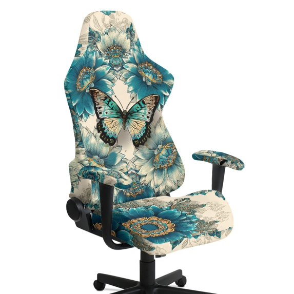 SCRAWLGOD Butterfly Bohemian Flower Blue Beige 4 PCS Gaming Chair Covers for Cats Breathable Rotating Gaming Chair Protector Computer Chair Seat Slipcovers with Armrest Covers