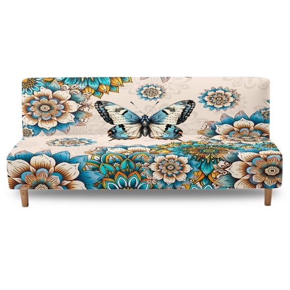 SCRAWLGOD Butterfly Bohemian Flower Blue Beige Stretch Futon Slipcover Armless Sofa Cover Futon Mattress Covers Without Armrests Sofa Bed Furniture Protector Covers with Elastic Bottom