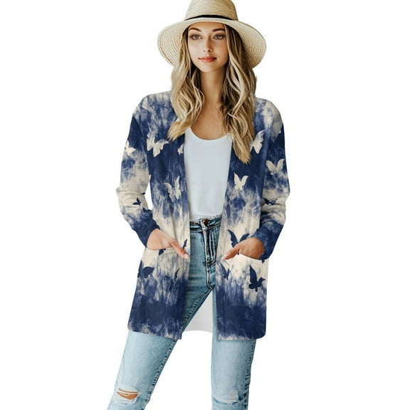 SCRAWLGOD Butterfly Cardigan Jackets for Women Lightweight Long Sleeve Tops for Women Work Elastic Ladies Cardigan with Pockets Comfy Sweater Cardigan Women Trendy Size L