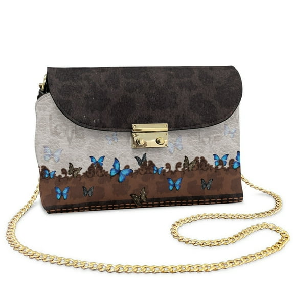 SCRAWLGOD Butterfly Cow Print Beige Brown Small Sling Bag Lightweight PU Leather Crossbody Bags for Women Trendy Scratch Resistant Crossbody Purse with Detachable Chain