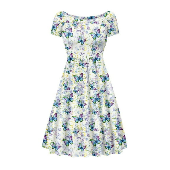 SCRAWLGOD Butterfly Dress for Women Casual Summer Dresses Midi Length with Sleeves Leisure Size 2XL Swing Dress for Women Knee Length Round Neck for Vacations
