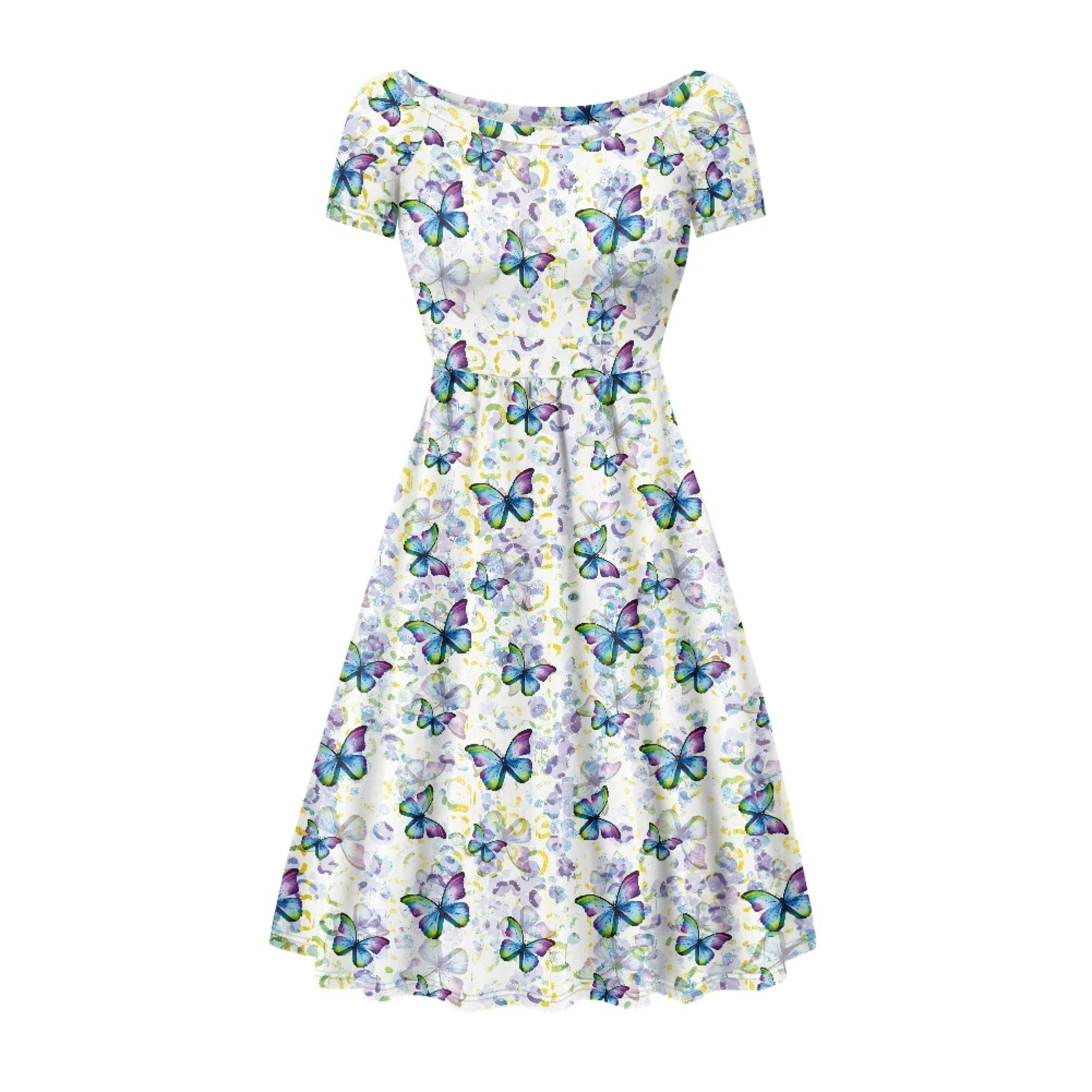 Scrawlgod Butterfly Dress for Women Casual Summer Dresses Midi Length with Sleeves Leisure Size L Swing Dress for Women Knee Length Round Neck for