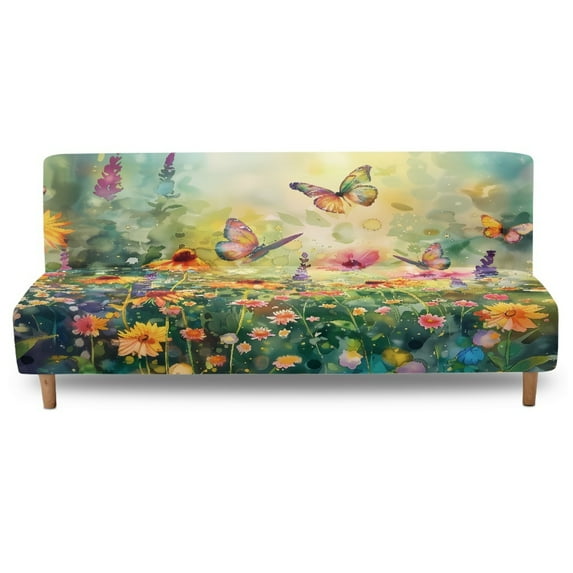 SCRAWLGOD Butterfly Floral Leaf Print Green Futon Cover Stretch Armless Futon Sofa Cover with Elastic Bottom Dustproof Soft Washable Thick Sofa Bed Furniture Protector Covers