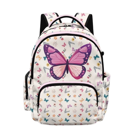 SCRAWLGOD Butterfly Floral Print Beige Lightweight Backpack for Teens, 17 Inches Portable Casual School Backpack Multi-Pocket Large Knapsack for Kids, Teens, Adults