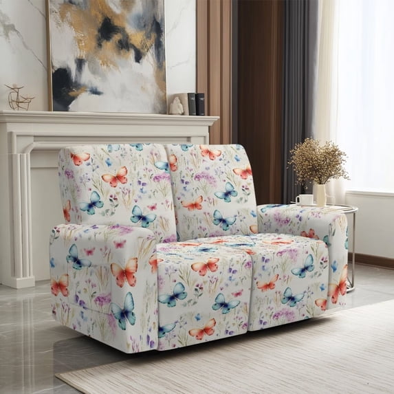 SCRAWLGOD Butterfly Floral Print Recliner Loveseat Cover Stretch Lazy Boy Recliner Cover Anti Dust Non Slip Reclining Slipcover with Pocket