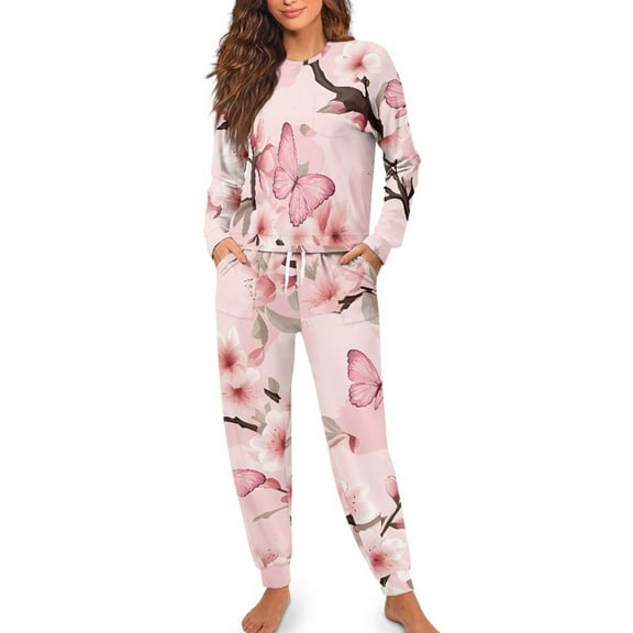 SCRAWLGOD Butterfly Floral Womens Pajamas Long Sleeve Pjs for Women Set Fall Clothing Crewneck Ladies 2 Piece Outfits Lightweight Women Nightwear Size S