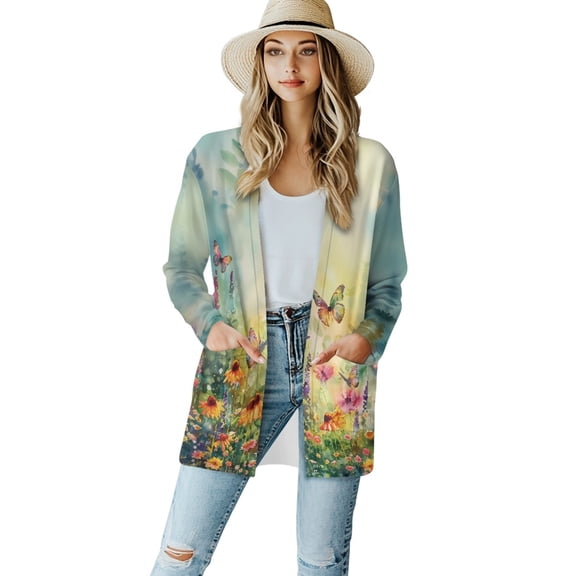 SCRAWLGOD Butterfly Flower Cardigan Jacket for Women Dressy Sweaters for Women Trendy Long Sleeve Work Cardigan for Women Office Size 2XL Comfy Ladies Cardigan Sweatshirts