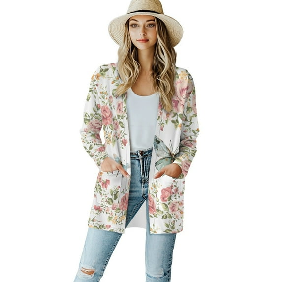 SCRAWLGOD Butterfly Flower Cardigan Jacket for Women Dressy Sweaters for Women Trendy Long Sleeve Work Cardigan for Women Office Size L Comfy Ladies Cardigan Sweatshirts