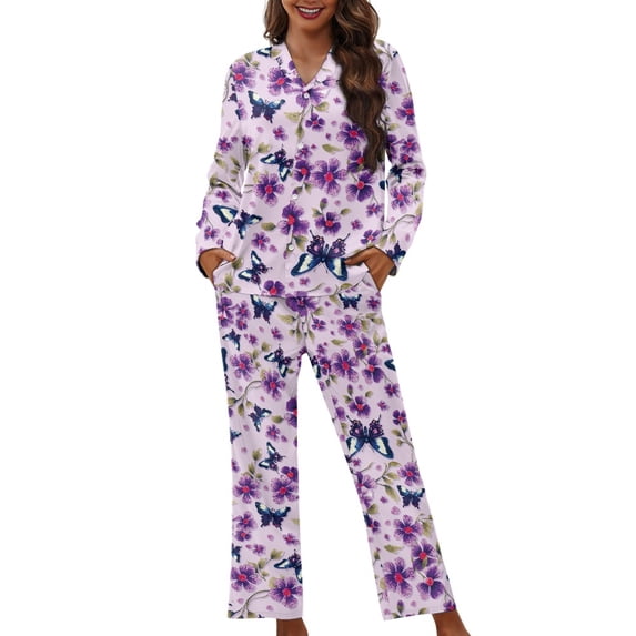 SCRAWLGOD Butterfly Flower Pajamas for Women Long Sleeve Tops and Pants Set of 2 Size L V Neck Womens Pajama Long Sleeve Comfy Front Open Pjs for Women