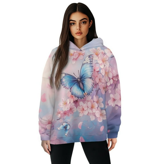 SCRAWLGOD Butterfly Flower Womens Hoodies Pullover Graphic Sweatshirts for Women Long Sleeve Hooded Pullover Sweater Women Comfortable Sportswear Hoodie Women Size L Yoga