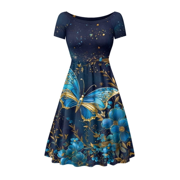 SCRAWLGOD Butterfly Flowers Dresses for Women Summer Casual Swing Dresses Midi Length Lightweight Women's Summer Short Sleeve A-Line Midi Dresses Casual with Wide Meck for Holidays Size XL