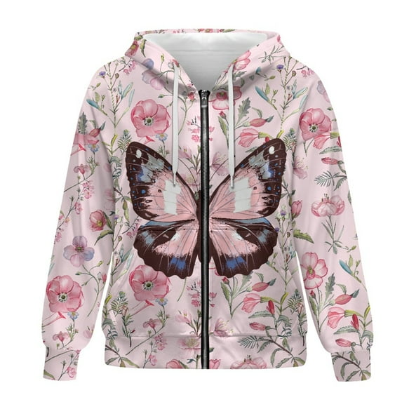 SCRAWLGOD Butterfly Flowers Women Zip Up Hoodies Plus Size XL for Women Hoodies with Zipper Long Sleeve Zipper Sweatshirt Women Holidays Elastic Womens Activewear Zip Up
