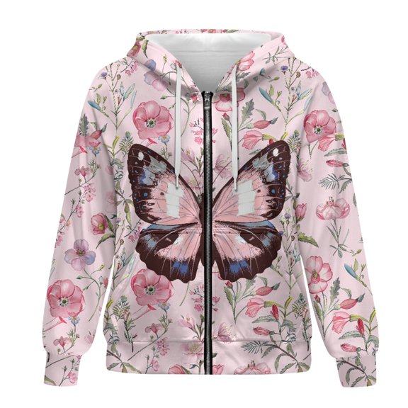 SCRAWLGOD Butterfly Flowers Women Zip Up Hoodies Plus Size XS for Women Hoodies with Zipper Long Sleeve Zipper Sweatshirt Women Holidays Elastic Womens Activewear Zip Up