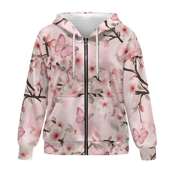 SCRAWLGOD Butterfly Flowers Zip Hoodies for Women Plus Size XS Trendy Clothes Long Sleeve Zipup Hoodie Women Fall Lightweight Hooded Zip Up Sweatshirt Women Party