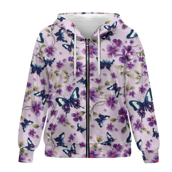 SCRAWLGOD Butterfly Flowers Zipper Hoodies for Women Lightweight Hooded Sweatshirt Long Sleeve Women Oversized Jacket Zipup Hoodie Women Fall Size S