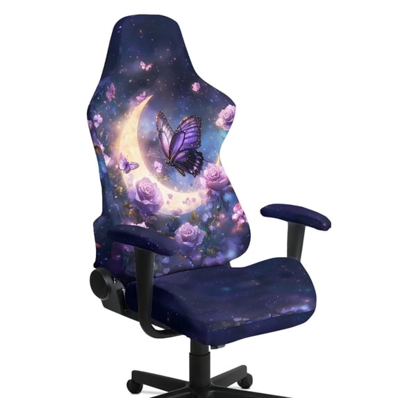 SCRAWLGOD Butterfly Moon Rose Print Gaming Chair Cover with Armrest Covers Stretchable Anti Dust Furniture Protector Non Slip Washable Computer Chair Slipcover