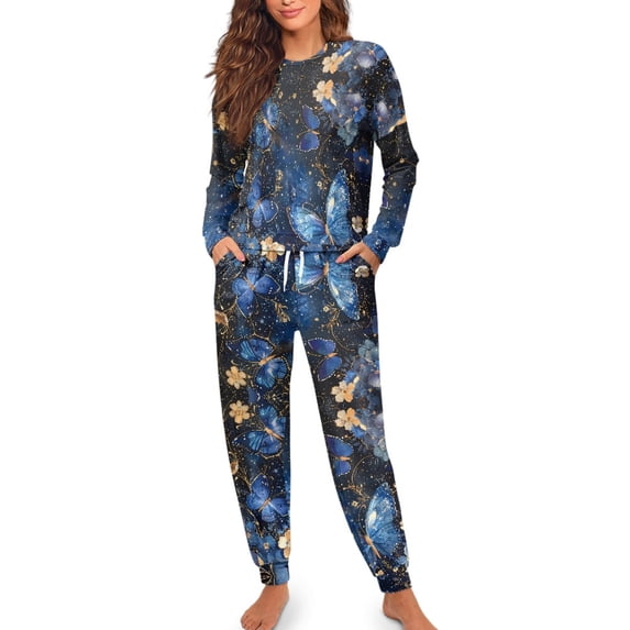 SCRAWLGOD Butterfly Pajamas Women Pjs Long Sleeve Nightwear for Women 2 Piece Outfits Crewneck Fall Pj Set Women Casual Women Lounge Set Soft Size XL